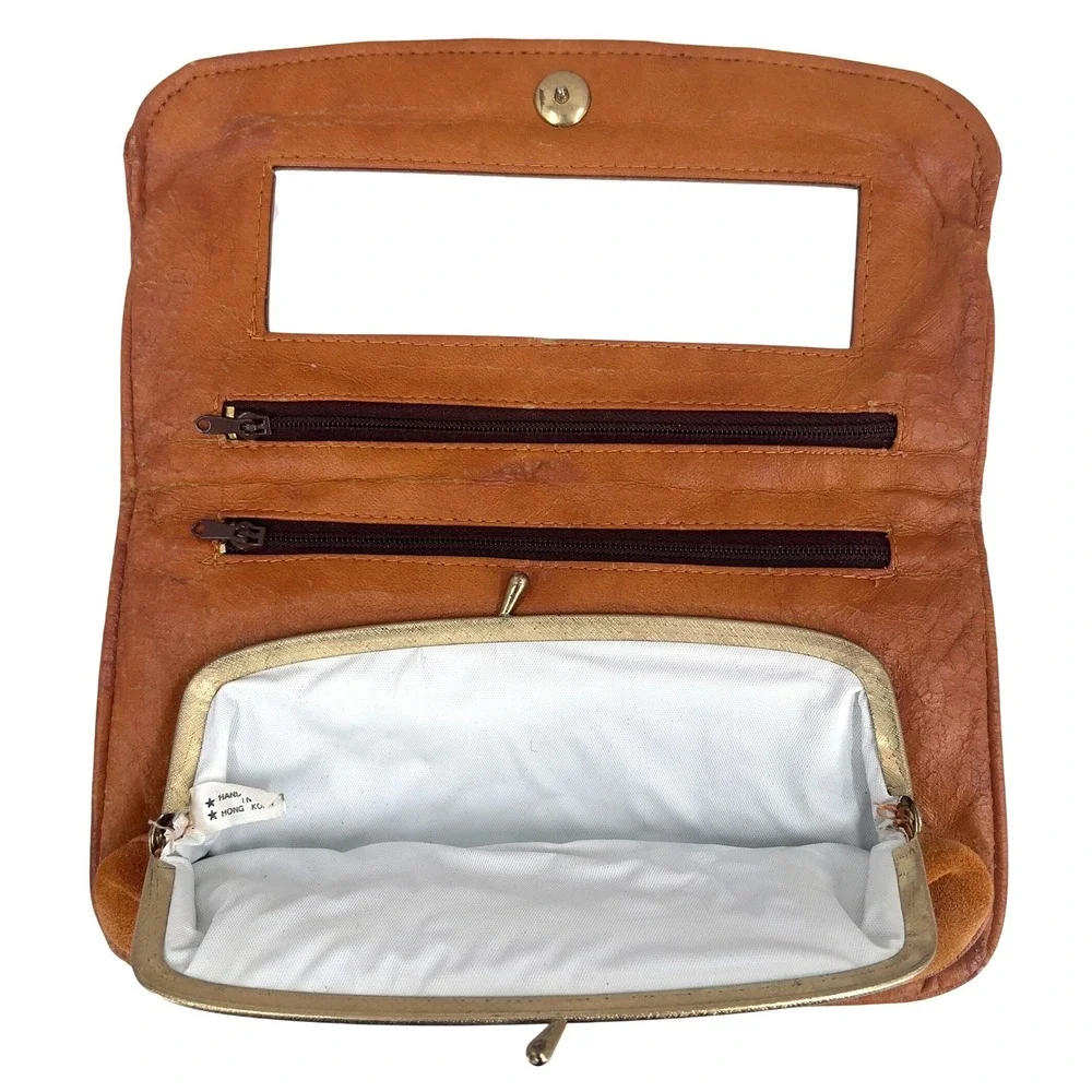 Vintage 70s Leather‎ Suede Patchwork Wallet Cognac Kiss Clasp Mirror Hong Kong